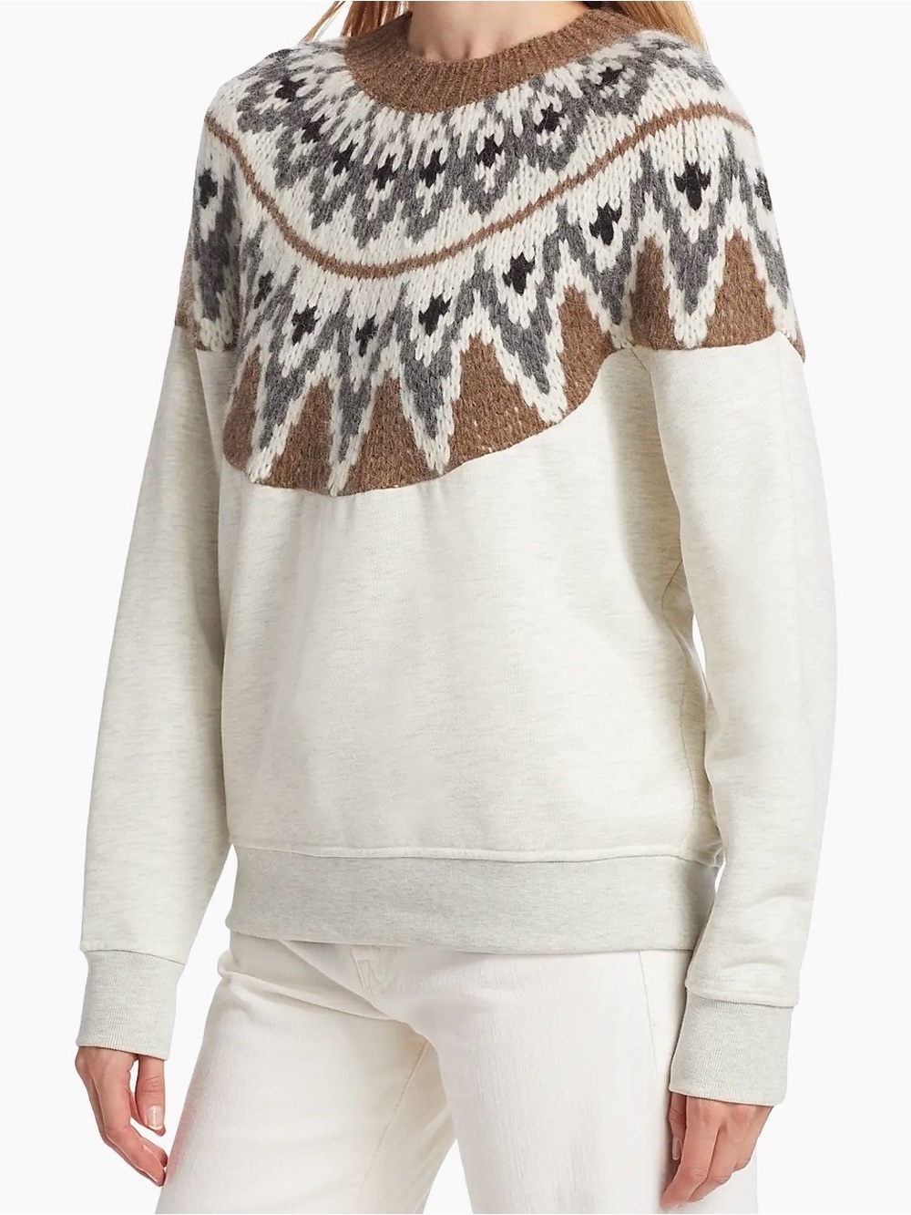 MOTHER Fair Isle Yoke Crewneck Sweater - Light Gray & Brown